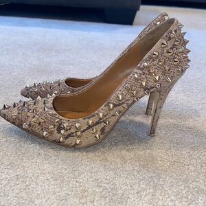 BCBGeneration Beige Studded Pointed-Toe Stiletto Heels